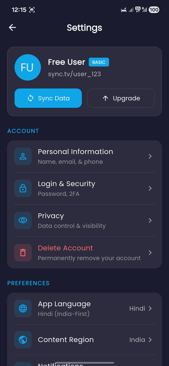 SyncTV Settings Screen